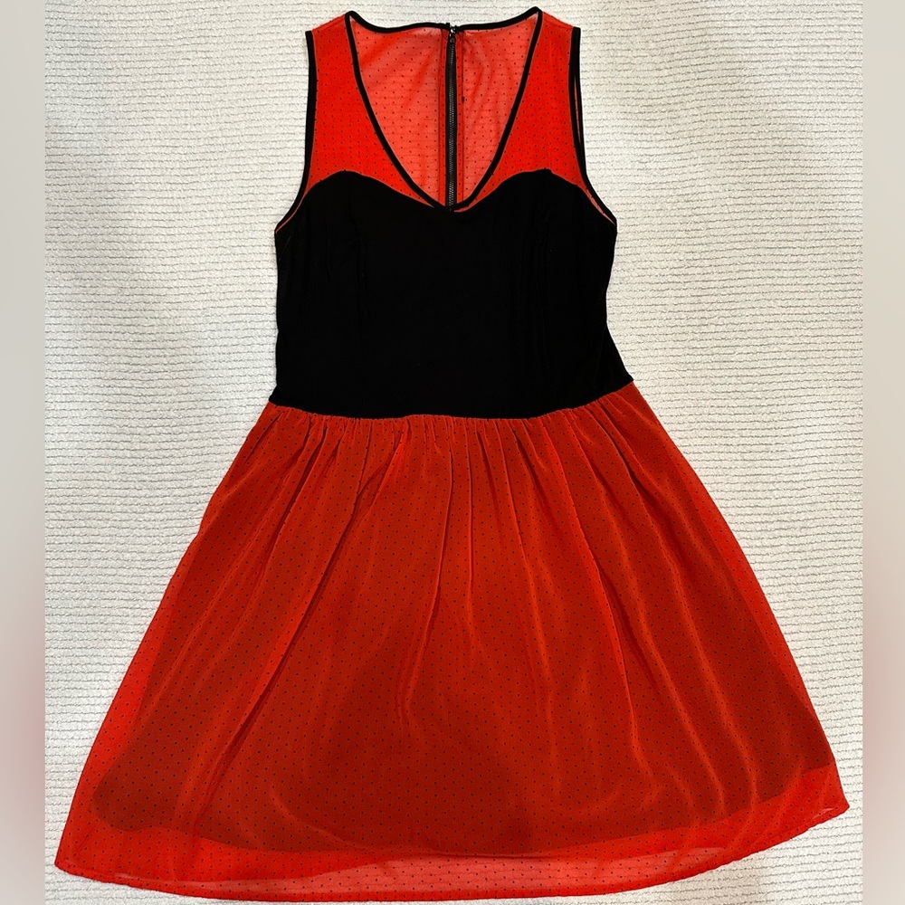 Eric & Lani dress, Size M. Red sheer with tiny black polka dots. EUC.